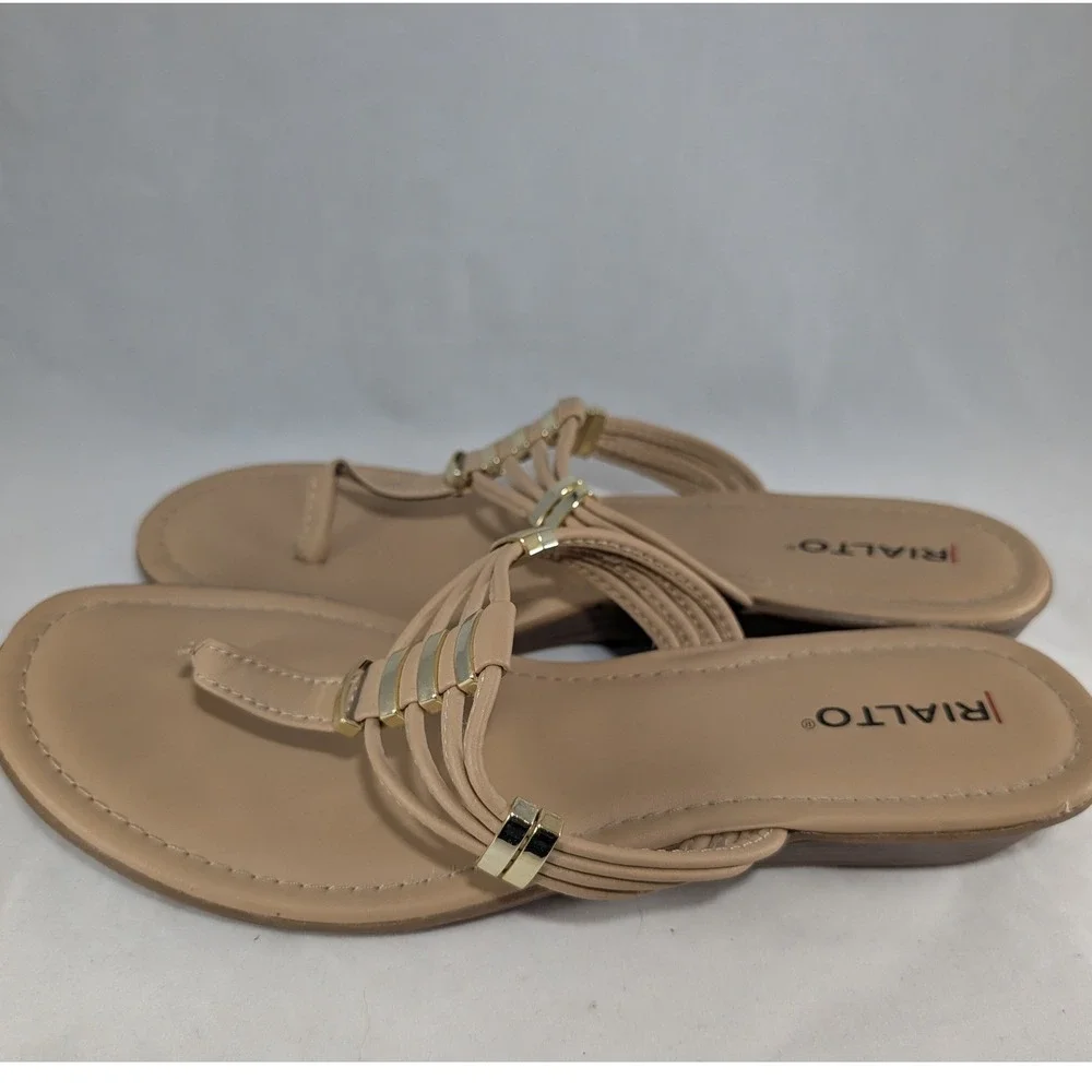 Rialto Women's Tan Thong Sandals‎ Embellished Gold Accents Flat Comfort Size 8.5